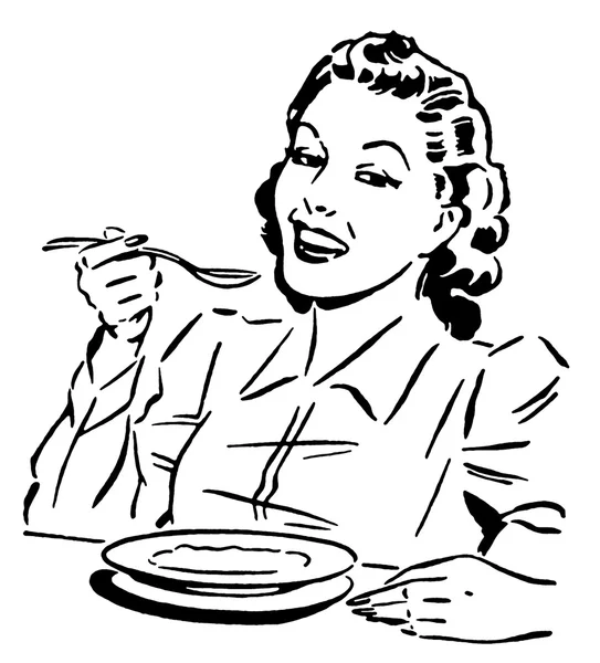 A black and white version of a vintage style portrait of a woman eating — Stock Photo, Image