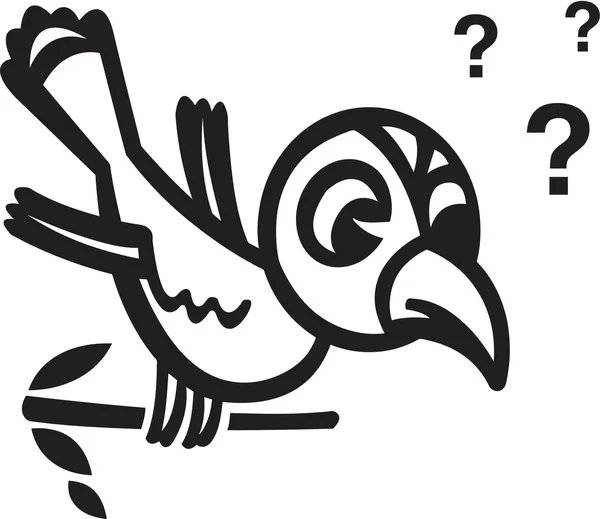 A black and white version of a bird sitting on a branch with question marks — Stock Photo, Image