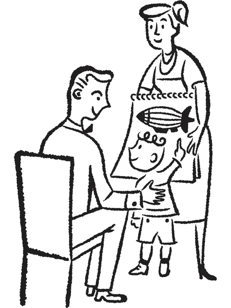 Eine schwarz-weiße Version eines kleinen Kindes, das seinem Vater eine Zeichnung zeigt — Stockfoto