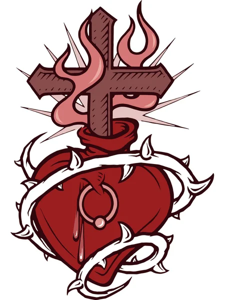 Uno stencil di un cuore trafitto circondato da spine e una croce fiammeggiante in esso — Foto Stock