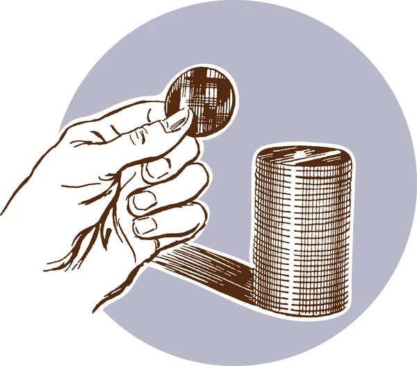 En hand som håller ett mynt med en stack på mynt bakom — Stockfoto