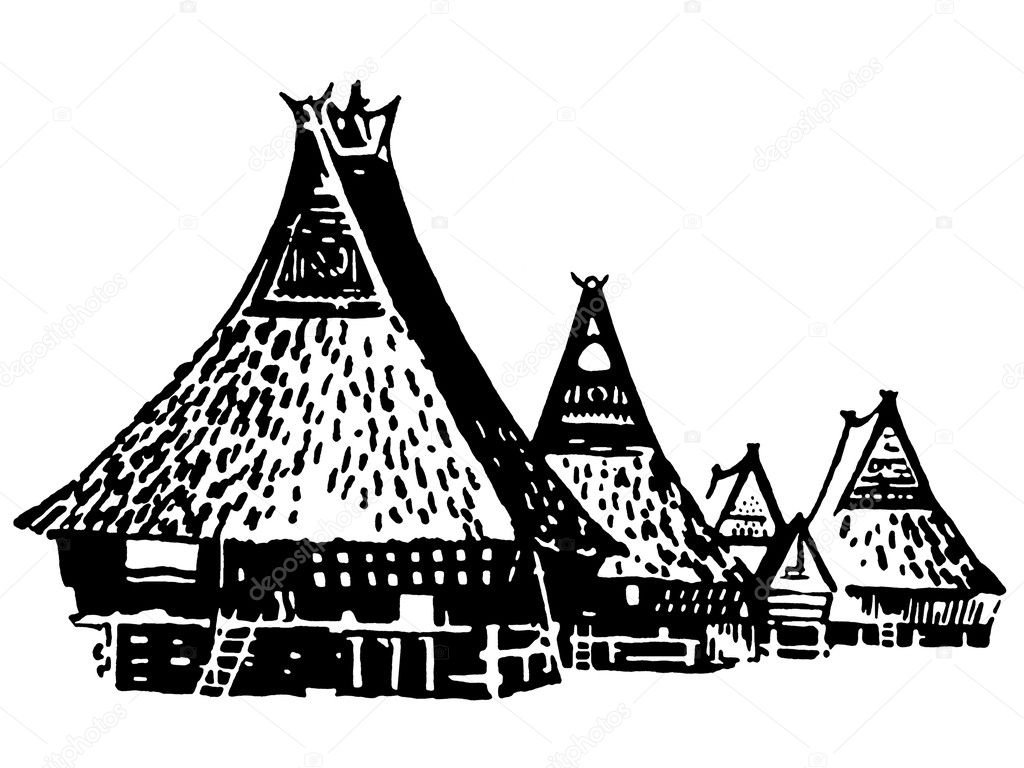A black and white version of a vintage illustration of traditional huts