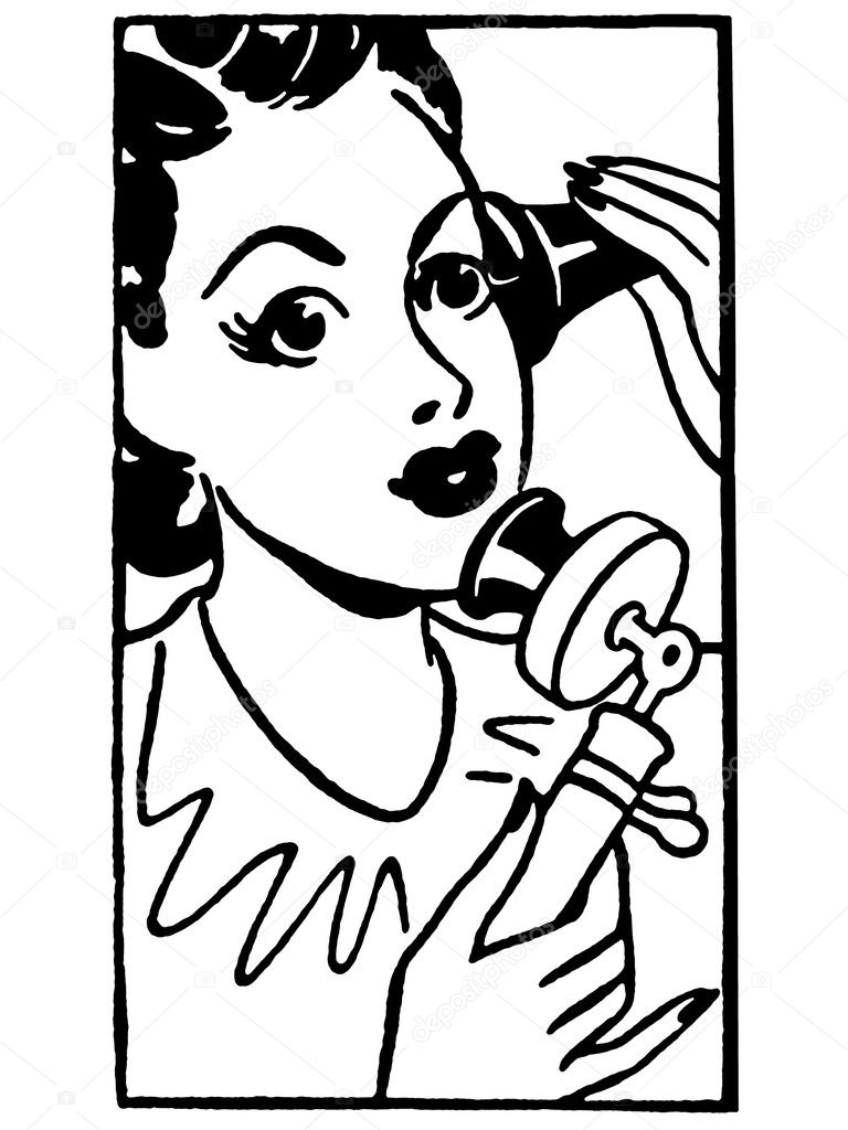 A black and white version of a vintage style portrait of a woman taking on an old fashioned telephone