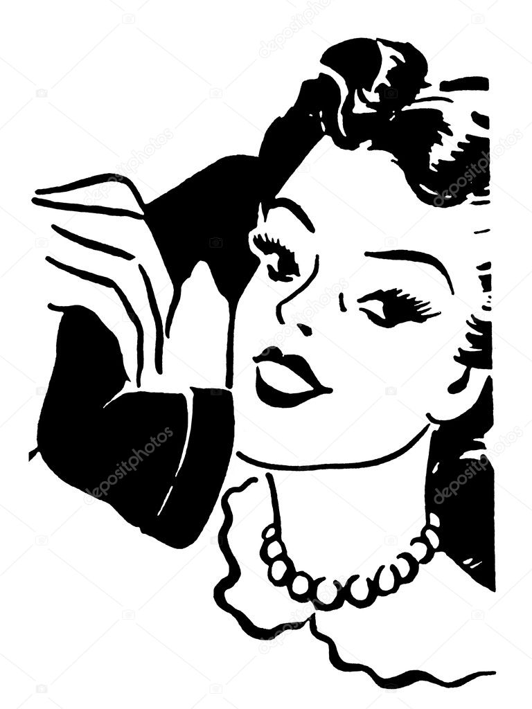 A black and white version of a vintage style portrait of a woman talking on a telephone