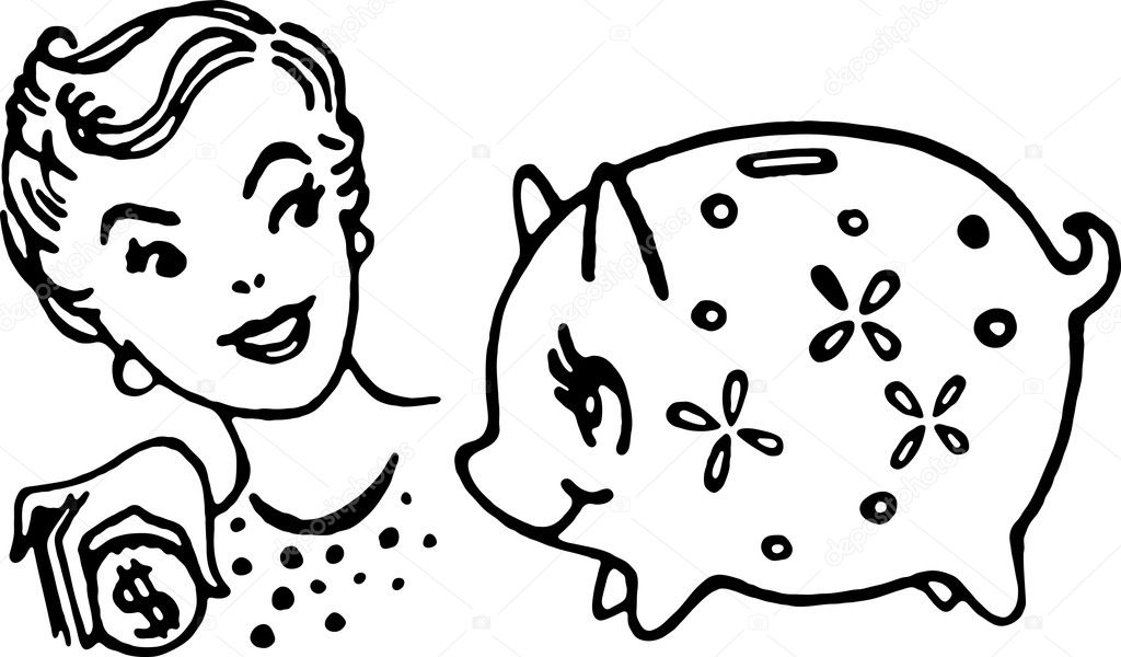 A woman holding a coin while looking at a piggy bank