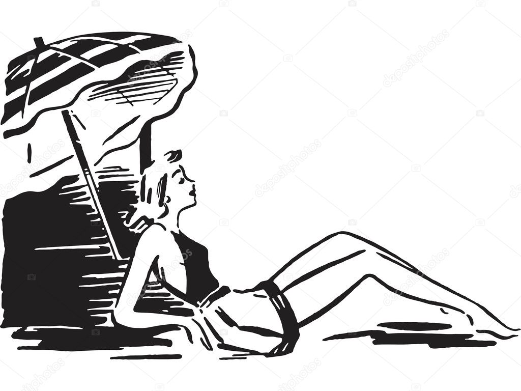 A black and white version of a retro image of a woman sunbathing