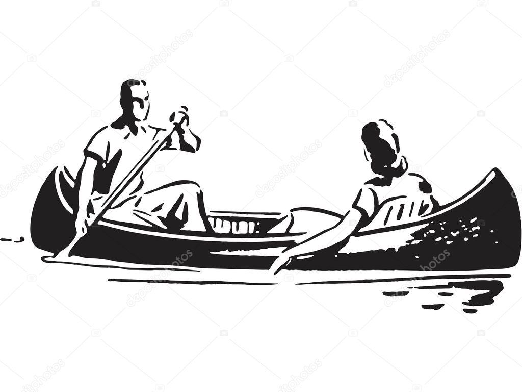 A black and white version of a couple in a canoe