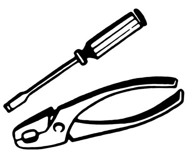 A black and white version of a set of pliers and screwdriver clipart