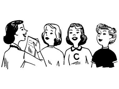 A black and white version of a vintage style illustration of a group of women clipart