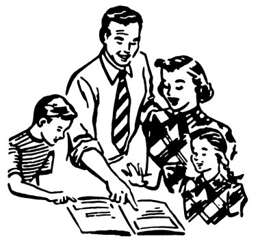 A black and white version of a vintage illustration of a family working together clipart
