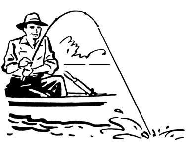 A black and white version of a vintage image of a man fishing clipart