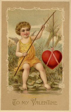 A vintage Valentines Day card with a cupid fishing a heart clipart