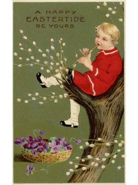 A vintage Easter postcard of a basket of violets and a boy playing a flute in a pussy willow tree clipart