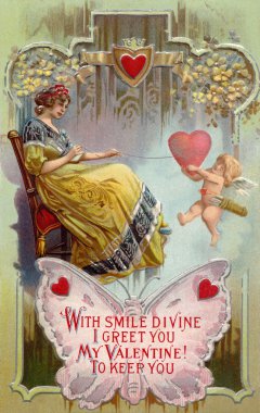 A vintage Valentines Day card with a woman pulling in a heart with string around it and cupid holding on clipart