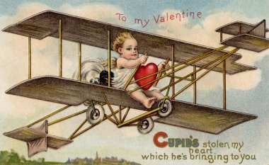 A vintage Valentine card with cupid flying an airplane with a stolen heart clipart
