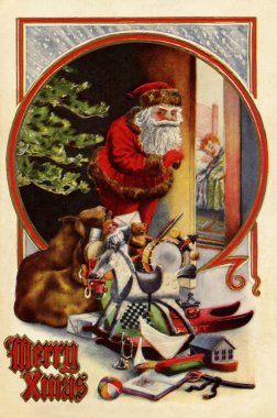 Vintage Christmas card of Santa Claus with gifts,checking to see if a child is asleep clipart