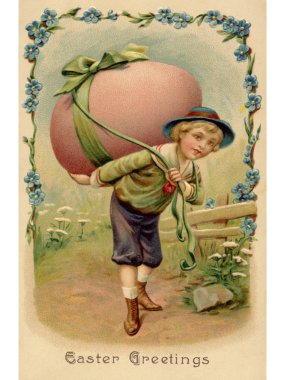 A vintage Easter postcard of a boy with a large Easter egg on his back clipart