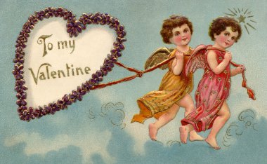 A vintage To My Valentine card with two cherubs pulling a heart clipart