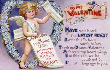 Vintage Valentine postcard with a cupid newspaper boy clipart
