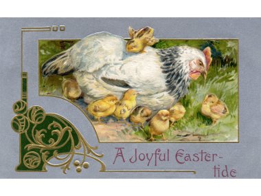 A vintage Easter postcard of a hen and chicks clipart