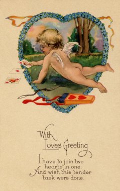 A vintage Valentines postcard with Cupid playing cards next to his bow and arrow clipart