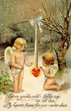 A vintage Valentine card with two cherubs warming up next to a heart on fire clipart