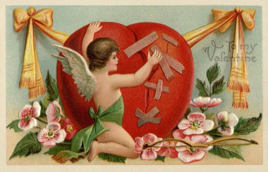 A vintage Valentines card with a cherub patching up a broken heart clipart