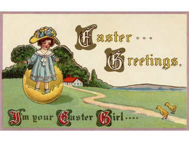 A vintage Easter postcard of a little girl coming out of an Easter egg clipart