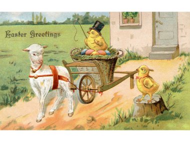 A vintage Easter postcard of a chick riding on an Easter wagon pulled by a lamb clipart