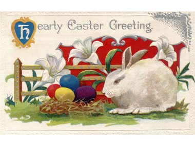 A vintage Easter postcard of lilies, a white rabbit and Easter eggs clipart