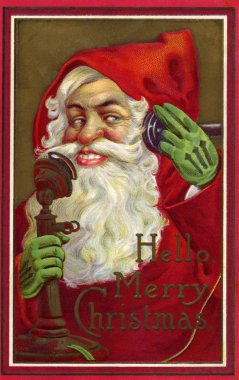 Vintage Christmas card of Santa Claus making a phone call clipart