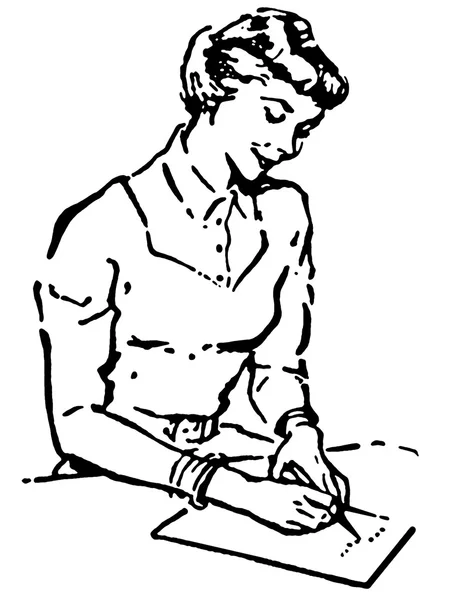 A black and white version of a vintage style portrait of a woman writing a note — Stock Photo, Image