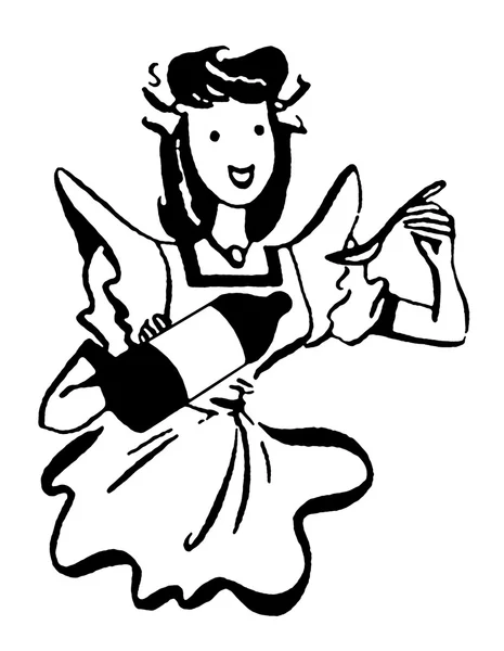 Una versión en blanco y negro de una imagen de estilo vintage de dibujos animados de una mujer que mide de una botella —  Fotos de Stock