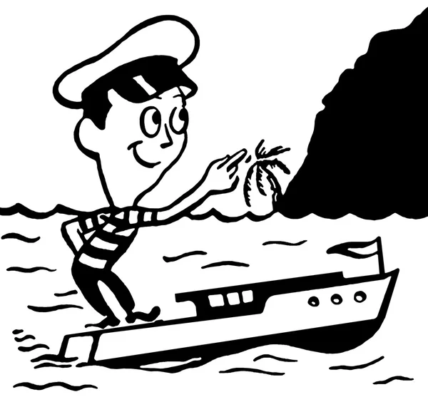A black and white version of a cartoon style vintage illustration of a small man in a boat — Stockfoto