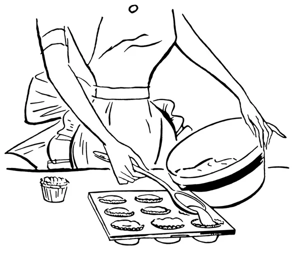 A black and white version of a vintage illustration of a woman baking muffins — Stock Photo, Image