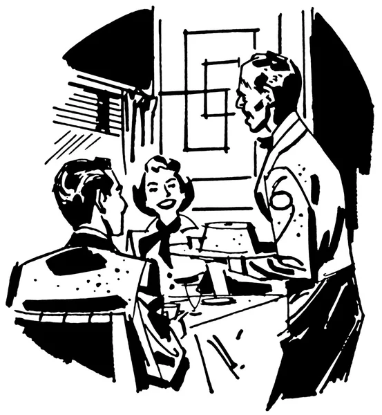 Una versione in bianco e nero di un'illustrazione vintage di una coppia che cena in un ristorante — Foto Stock