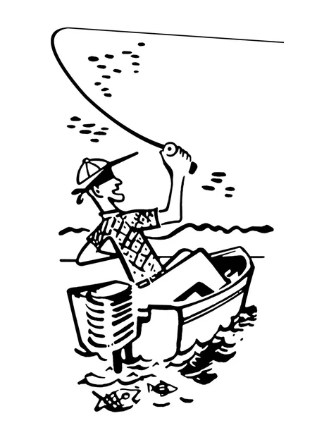 A black and white version of a cartoon style image of a man fishing — Stock Photo, Image