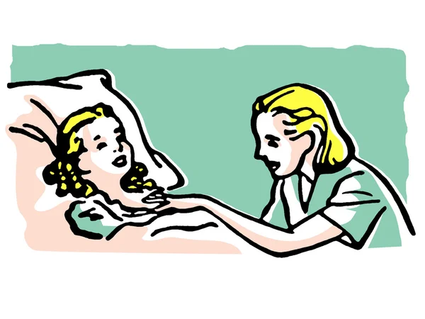 Illusztráció egy anya, egy beteg gyermek ágya mellett — Stock Fotó