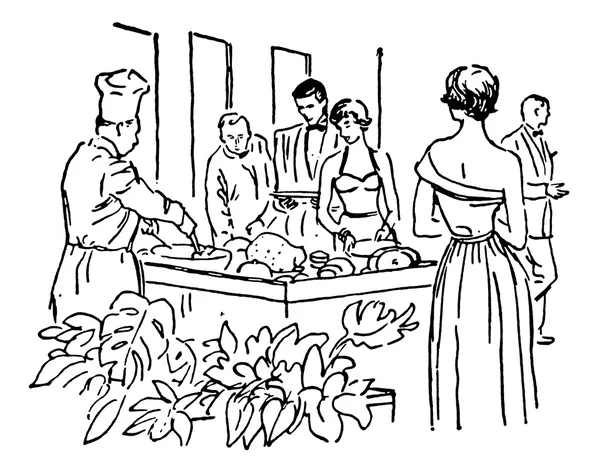 Une version noir et blanc d'une illustration vintage d'un groupe dégustant un buffet — Photo