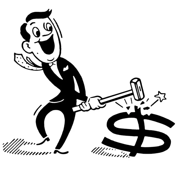 Una versione in bianco e nero di un disegno in stile cartone animato di un uomo d'affari che spacca un simbolo del dollaro — Foto Stock