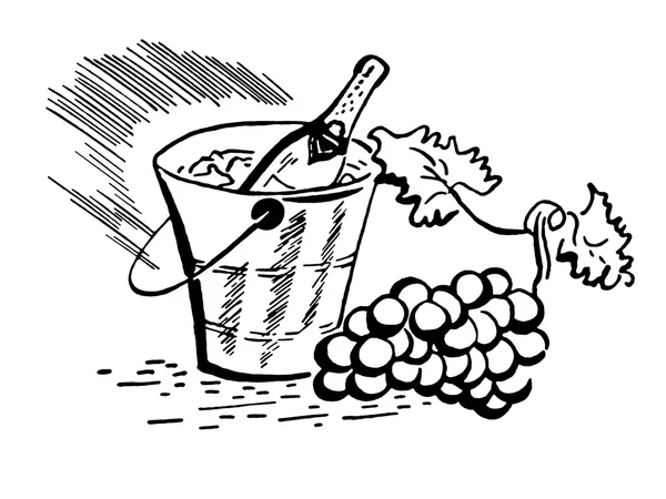 Eine Schwarz-Weiß-Version einer Vintage-Illustration einer Flasche Wein und frischen Trauben — Stockfoto