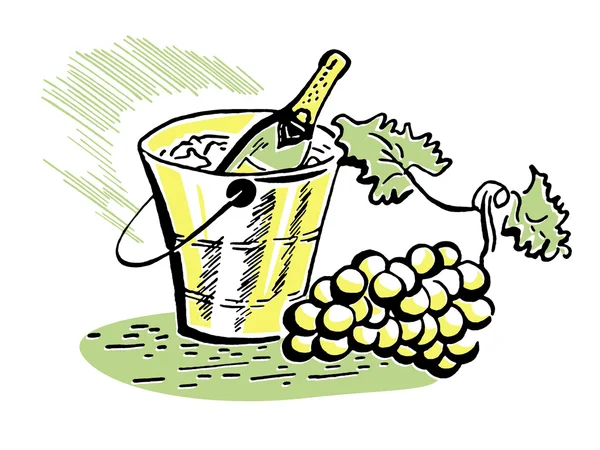Винтажная иллюстрация бутылки вина и свежего винограда — стоковое фото