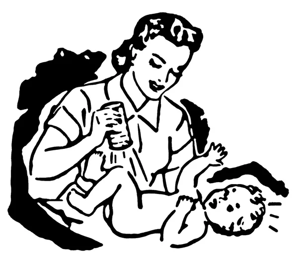 A black and white version of a mother changing a young child's diaper — Stock Photo, Image