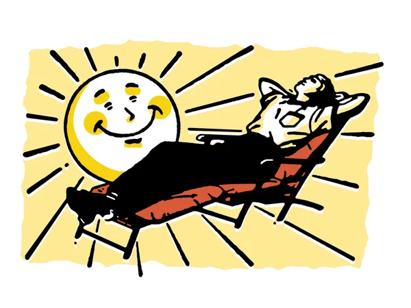 A cartoon sun shining over a person basking in the sun — Stock Photo, Image