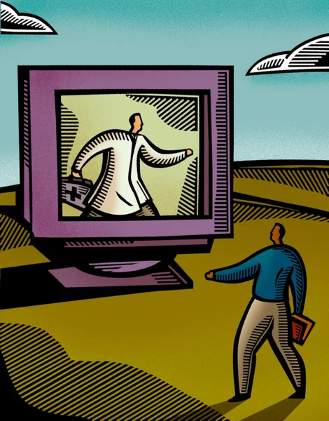 Hombre mirando a un médico en una pantalla de computadora —  Fotos de Stock