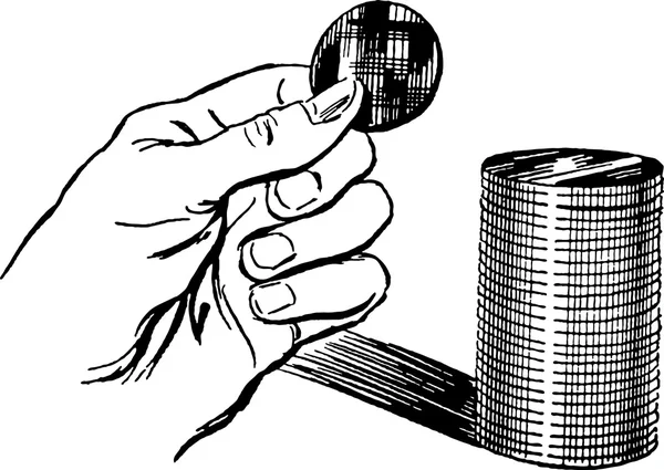 Uma mão segurando uma moeda com uma pilha de moedas atrás — Fotografia de Stock