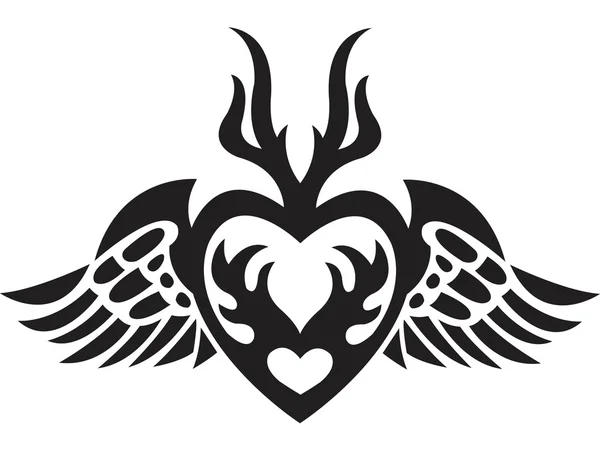 Bir şablon, kanatları olan bir kalp siyah beyaz versiyonu — Stok fotoğraf