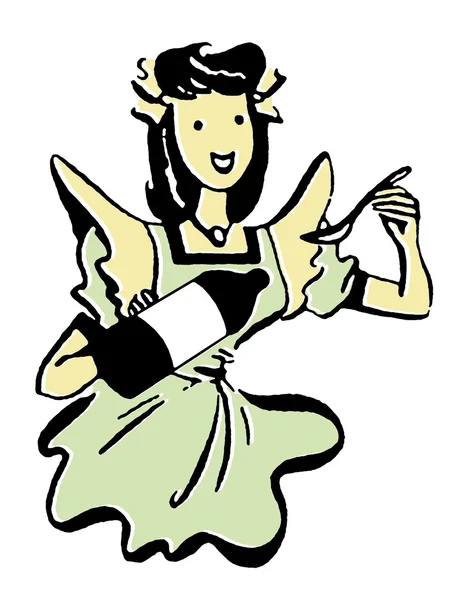 Una imagen de estilo vintage de dibujos animados de una mujer midiendo desde una botella — Foto de Stock