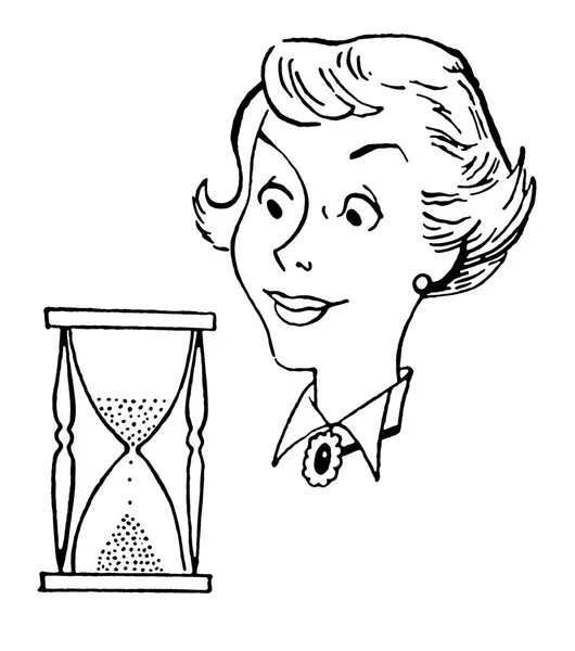 Uma versão em preto e branco de uma ilustração de estilo vintage de uma mulher e um copo de hora — Fotografia de Stock