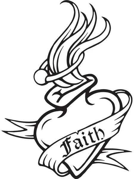 Uma versão em preto e branco de um estêncil de um coração com um banner de texto drapeado em torno dele lendo 'fé' — Fotografia de Stock